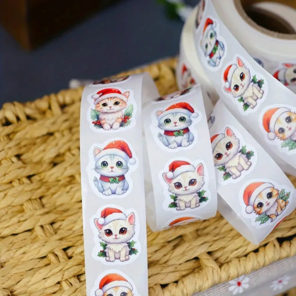 500pc Kitten Christmas Sticker Roll